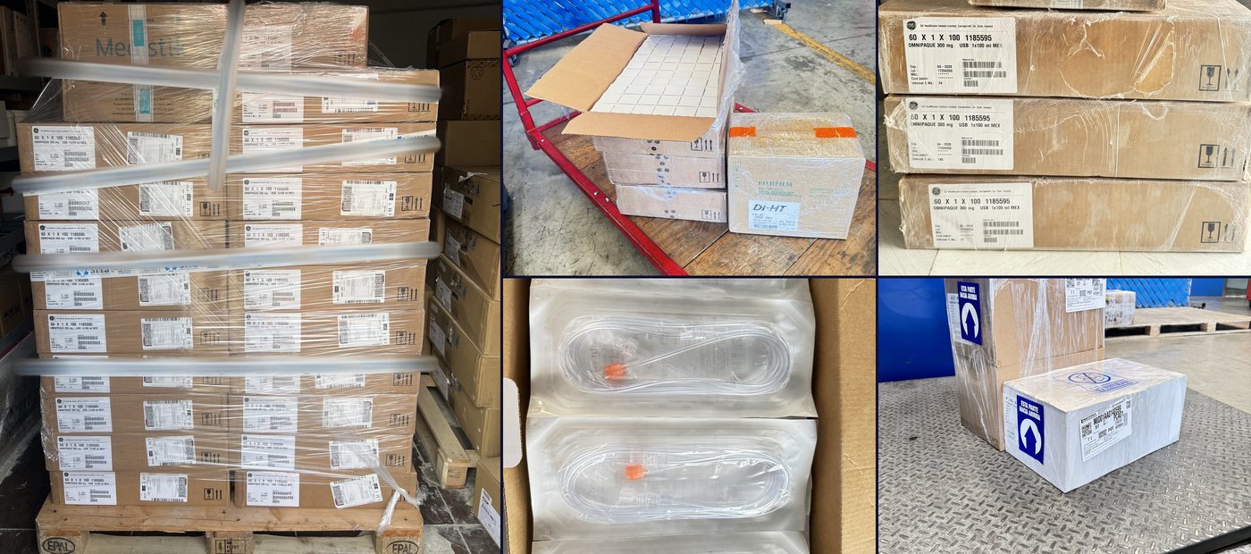 Tarima de medio de contraste GE en caja de f&aacute;brica