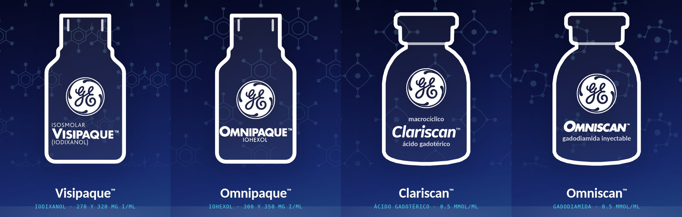 Visipaque y Omnipaque para tomografía; Clariscan y Omniscan para resonancia